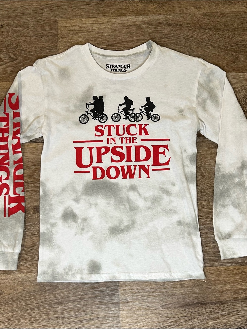 Stranger Things Tie Dye T-Shirt Long Sleeve Tee - White, Gray & Red